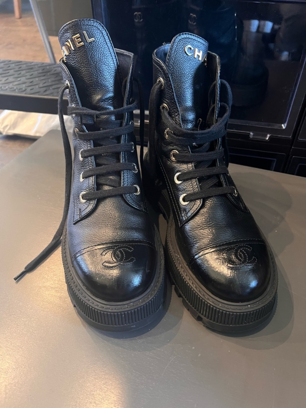 CHANEL Black Leather Platform Lace-Up Ankle Boots - Combat Boots